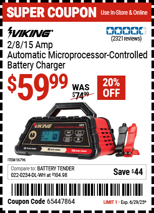 Harbor Freight Coupons, HF Coupons, 20% off - 2/8/15 Amp Automatic Microprocessor Controlled Battery Charger