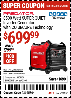 Harbor Freight Coupons, HF Coupons, 20% off - PREDATOR 3500 Watt Super Quiet Inverter Generator with CO SECURE Technology 