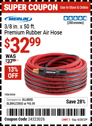 Harbor Freight Coupons, HF Coupons, 20% off - MERLIN 3/8 in. x 50 ft. Premium Rubber Air Hose for $29.99