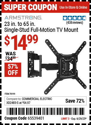 Harbor Freight Coupons, HF Coupons, 20% off - ARMSTRONG 23 in. to 65 in. Single-Stud Full-Motion TV Mount for $29.99