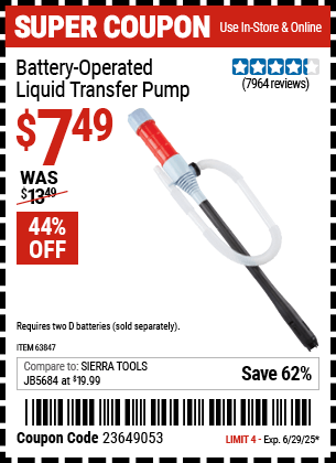 Harbor Freight Coupons, HF Coupons, 20% off - Battery Operated Liquid Transfer Pump