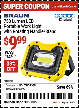 Harbor Freight Coupons, HF Coupons, 20% off - 750 Lumen  Portable Work Light with Rotating Handle/Stand