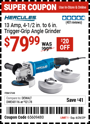 Harbor Freight Coupons, HF Coupons, 20% off - Corded 4-1/2 in. to 6 in.  13 Amp Angle Grinder with Trigger Grip