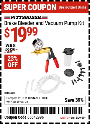 Harbor Freight Coupons, HF Coupons, 20% off - PITTSBURGH AUTOMOTIVE Brake Bleeder and Vacuum Pump Kit for $17.99