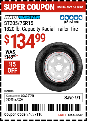 Harbor Freight Coupons, HF Coupons, 20% off - HAUL-MASTER ST205/75R15, 1820 lb. Capacity Radial Trailer Tire for $134.99