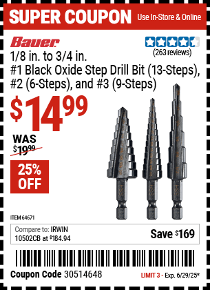 Harbor Freight Coupons, HF Coupons, 20% off - 3 Piece M2 Steel Black Oxide Step Bits