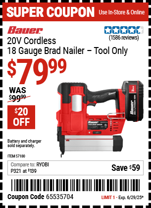 Harbor Freight Coupons, HF Coupons, 20% off - BAUER 20v Cordless 18 Gauge Brad Nailer for $79.99