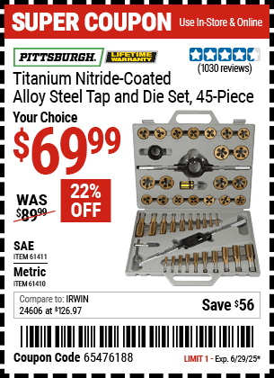 Harbor Freight Coupons, HF Coupons, 20% off - 45 Piece Titanium Nitride Coated Alloy Steel Tap And Die Sets