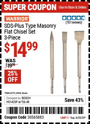Harbor Freight Coupons, HF Coupons, 20% off - 3 Piece Sds Masonry Flat Chisel Set