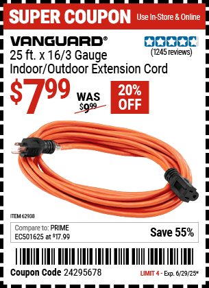 Harbor Freight Coupons, HF Coupons, 20% off - 25 ft. x 16 Gauge Indoor/Outdoor Extension Cord