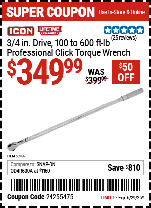 Harbor Freight Coupons, HF Coupons, 20% off - ICON 3/4 in. Drive, 100-600 ft-lb Professional Click Torque Wrench for $379.99