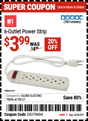 Harbor Freight Coupons, HF Coupons, 20% off - 6 Outlet Power Strip