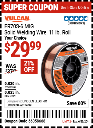 Harbor Freight Coupons, HF Coupons, 20% off - 0.030 in. ER70S-6 MIG Solid Welding Wire, 11.00 lb. Roll