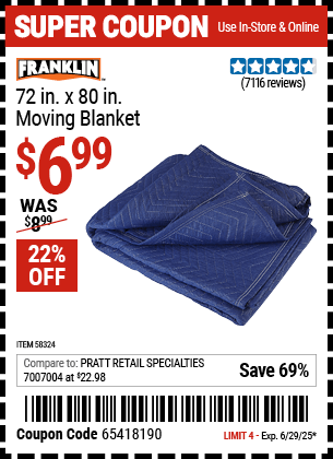 Harbor Freight Coupons, HF Coupons, 20% off - FRANKLIN 72 in. x 80 in. Moving Blanket 