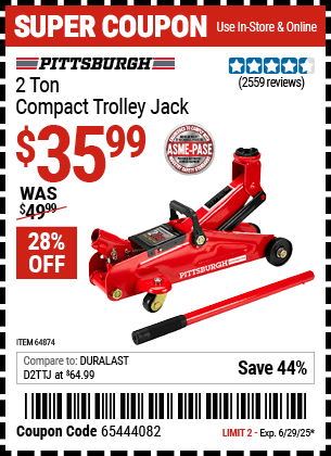 Harbor Freight Coupons, HF Coupons, 20% off - PITTSBURGH AUTOMOTIVE 2 ton Compact Trolley Jack for $24.99