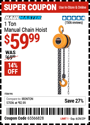 Harbor Freight Coupons, HF Coupons, 20% off - 1 Ton Chain Hoist