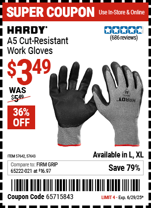 Harbor Freight Coupons, HF Coupons, 20% off - HARDY A5 Cut Resistant Work Gloves for $3.49