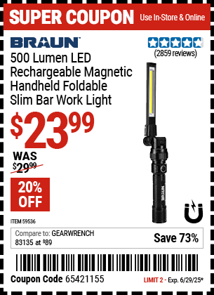 Harbor Freight Coupons, HF Coupons, 20% off - BRAUN 500 Lumen LED Rechargeable Magnetic Handheld Foldable Slim Bar Work Light 