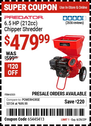 Harbor Freight Coupons, HF Coupons, 20% off - Chipper/shredder With 6.5 Hp Gas Engine (212 Cc)