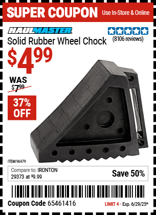 Harbor Freight Coupons, HF Coupons, 20% off - Solid Rubber Wheel Chock