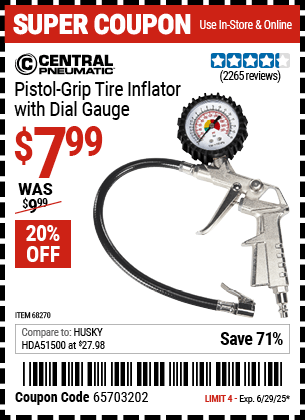 Harbor Freight Coupons, HF Coupons, 20% off - Pistol Grip Tire Inflator With Gauge