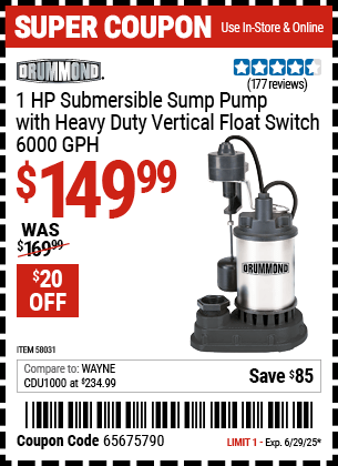 Harbor Freight Coupons, HF Coupons, 20% off - DRUMMOND 1 HP Submersible Sump Pump With Heavy Duty Vertical Float Switch for $149.99