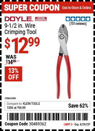 Harbor Freight Coupons, HF Coupons, 20% off - DOYLE 9-1/2 in. Wire Crimping Tool for $13.99