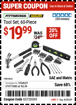 Harbor Freight Coupons, HF Coupons, 20% off - PITTSBURGH Tool Kit, 60 Pc. for $19.99