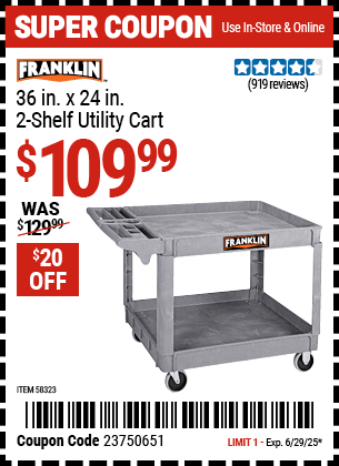 Harbor Freight Coupons, HF Coupons, 20% off - FRANKLIN 36 in. x 24 in. Polypropylene Industrial Service Cart 