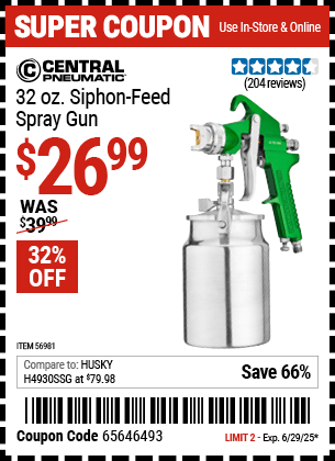 Harbor Freight Coupons, HF Coupons, 20% off - 32 Oz. Siphon Feed Spray Gun