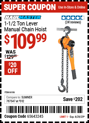 Harbor Freight Coupons, HF Coupons, 20% off - 1-1/2 Ton Lever Chain Hoist