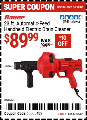 Harbor Freight Coupons, HF Coupons, 20% off - Bauer 23 Ft Auto Feed Handheld Electric Drain Cleaner
