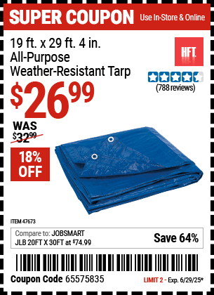 Harbor Freight Coupons, HF Coupons, 20% off - 19 ft. x 29 ft. 4 in. Blue All Purpose/Weather Resistant Tarp