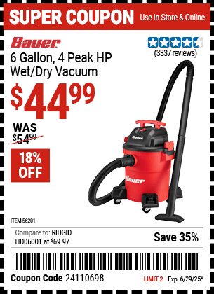 Harbor Freight Coupons, HF Coupons, 20% off - Bauer 6 Gallon Wet Dry Vacuum
