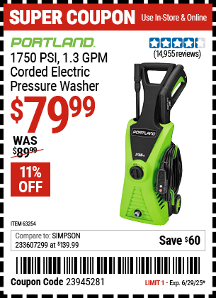 Harbor Freight Coupons, HF Coupons, 20% off - 1750 Psi Electric Pressure Washer