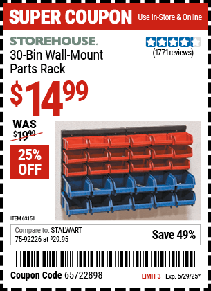 Harbor Freight Coupons, HF Coupons, 20% off - 30 Bin Wall Mount Parts Rack