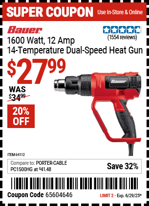 Harbor Freight Coupons, HF Coupons, 20% off - 1600 Watt 12 Amp 14 Temperature Dual Fan Speed Heat Gun