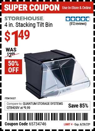 Harbor Freight Coupons, HF Coupons, 20% off - 4 in. Stacking Tilt Bin
