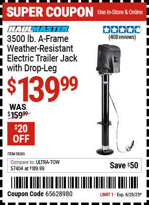 Harbor Freight Coupons, HF Coupons, 20% off - HAUL-MASTER 3500 lb. A-Frame Weather Resistant Electric Trailer Jack with Drop Leg for $149.99