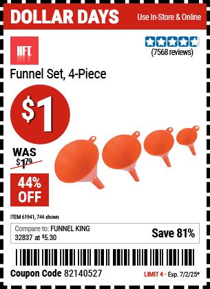 Harbor Freight Coupons, HF Coupons, 20% off - 4 Piece Funnel Set