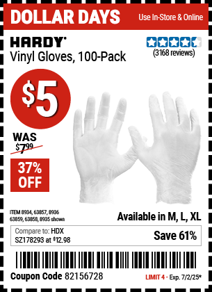 Harbor Freight Coupons, HF Coupons, 20% off - Powder-free Vinyl Gloves Pack Of 100