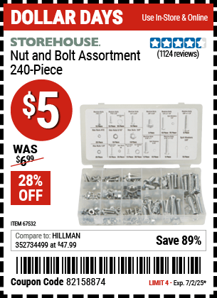 Harbor Freight Coupons, HF Coupons, 20% off - 240 Piece Nut And Bolt Assortment