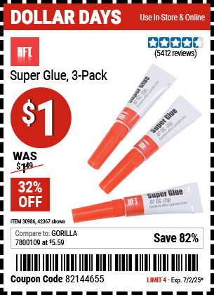 Harbor Freight Coupons, HF Coupons, 20% off - Super Glue Pack Of 3