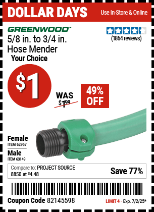 Harbor Freight Coupons, HF Coupons, 20% off - GREENWOOD 5/8 in. to 3/4 in. Male Hose Mender 