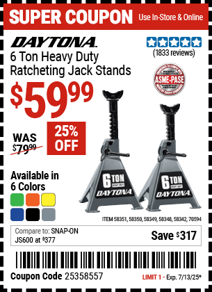 Harbor Freight Coupons, HF Coupons, 20% off - DAYTONA 6 Ton Heavy Duty Ratcheting Jack Stands 