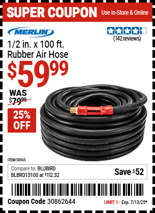 Harbor Freight Coupons, HF Coupons, 20% off - MERLIN 1/2 in. x 100 ft. Rubber Air Hose for $59.99