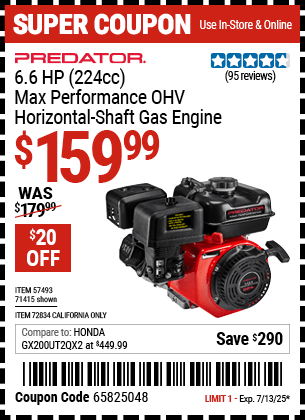 Harbor Freight Coupons, HF Coupons, 20% off - PREDATOR 6.6 HP (224cc) OHV Horizontal Shaft Gas Engine 
