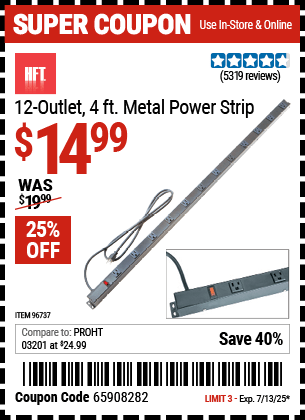 Harbor Freight Coupons, HF Coupons, 20% off - 12 Outlet 4 Ft. Metal Power Strip