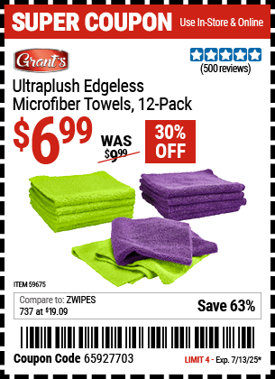 Harbor Freight Coupons, HF Coupons, 20% off - GRANTS Ultra-Plush Edgeless Microfiber Towels, 12-Pack for $4.99