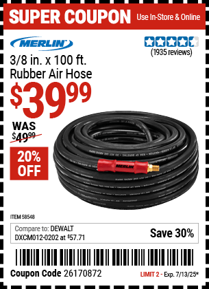 Harbor Freight Coupons, HF Coupons, 20% off - MERLIN 3/8 in. x 100 ft. Rubber Air Hose for $39.99
